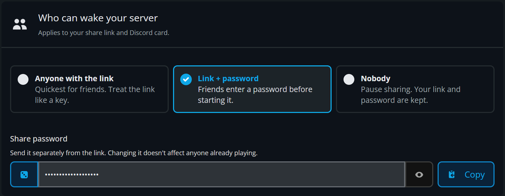 Dark UI panel for share settings showing: Anyone with the link, Link + password (selected), Nobody; password field masked with Copy button.