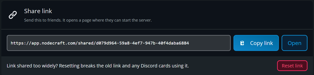 Dark UI Share link panel showing a long URL in a text field, Copy link and Open buttons on the right, and a pink Reset link button below.