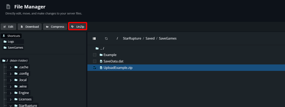 StarRupture File Manager with an uploaded ZIP file selected and the UnZip button highlighted.