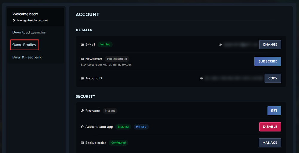 Dark account dashboard; left menu with Game Profiles highlighted. Main panel shows ACCOUNT, email (Verified) and SECURITY options.