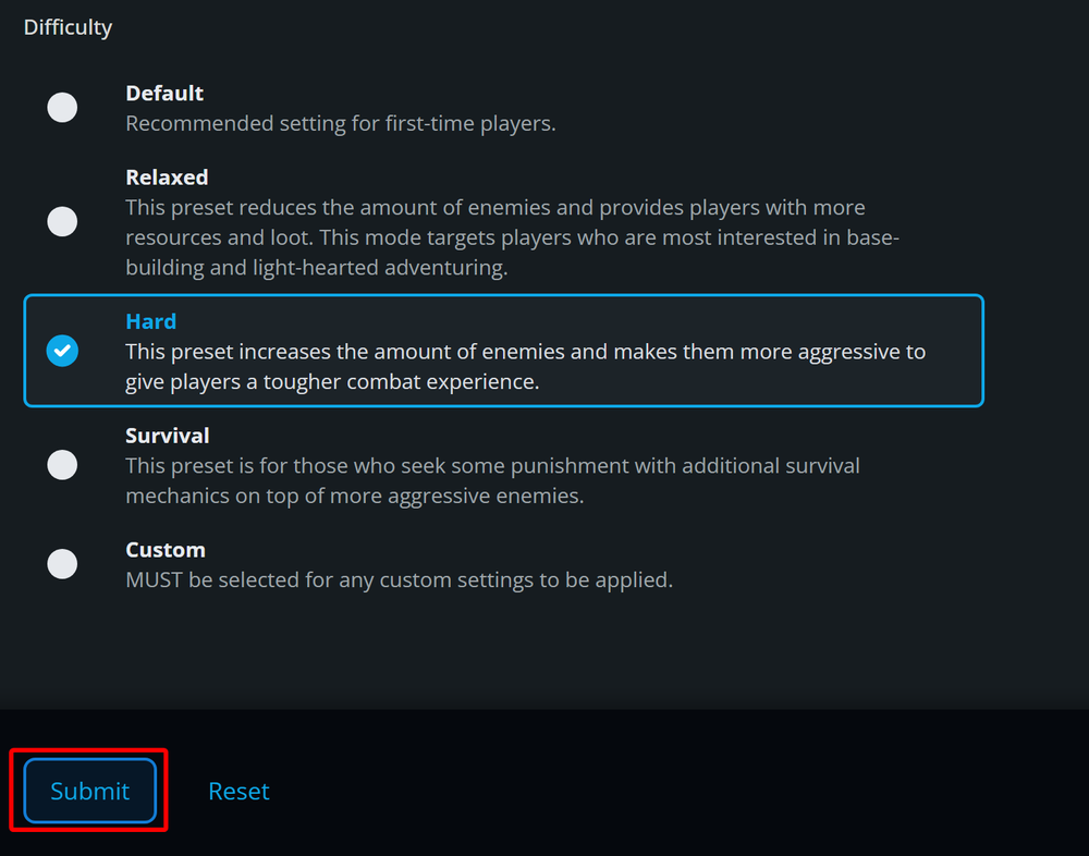 Dark difficulty menu with options Default, Relaxed, Hard (selected with blue outline and check), Survival, Custom; Submit button at bottom left.