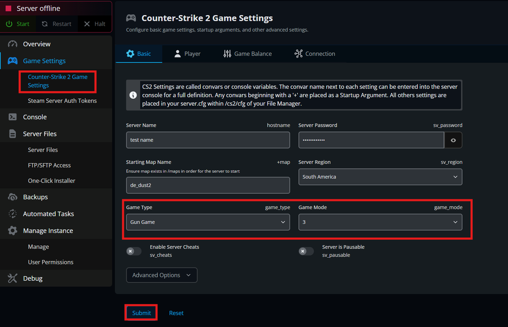 basic game setting panel for cs2