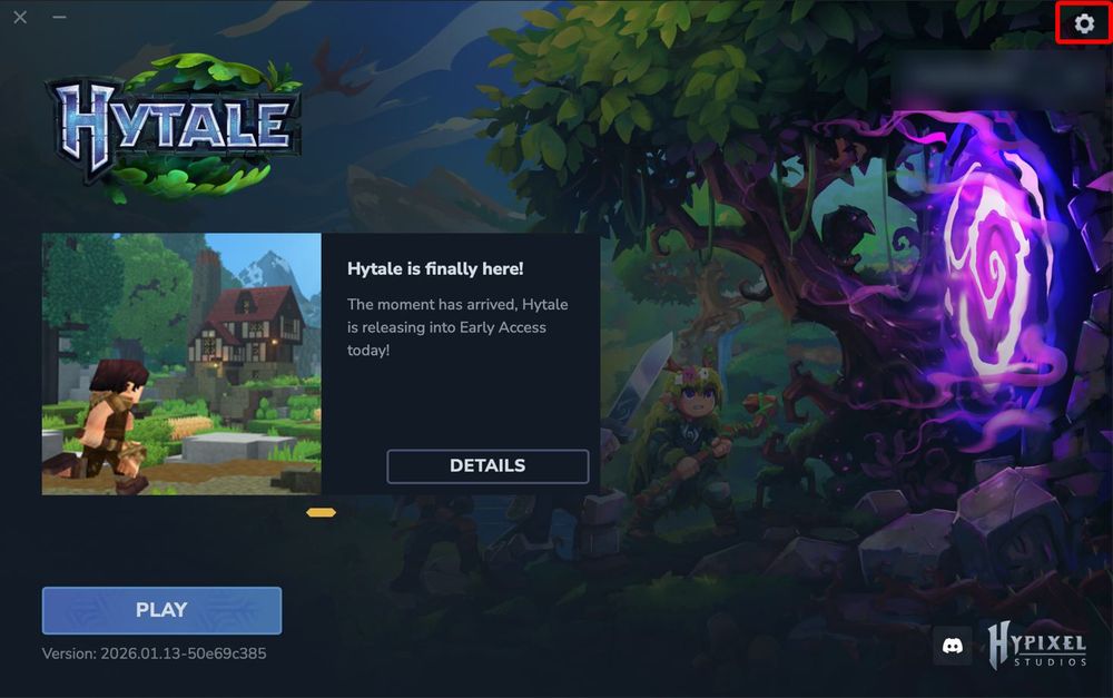 Hytale launcher home screen with the settings gear icon highlighted.
