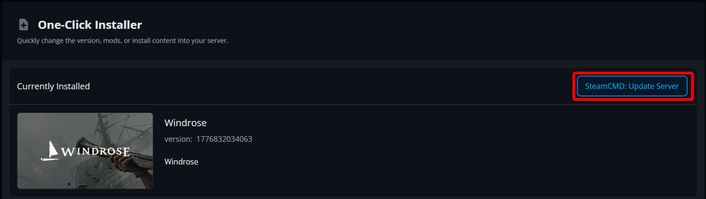 Windrose One-Click Installer page with the SteamCMD Update Server button highlighted.
