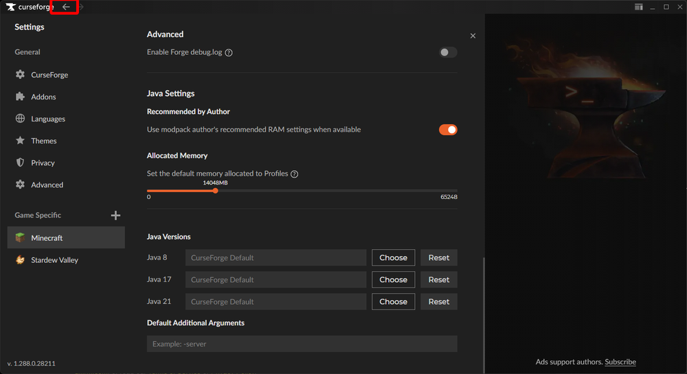 CurseForge Advanced settings showing allocated memory slider for Minecraft profiles with RAM set to 14048MB.