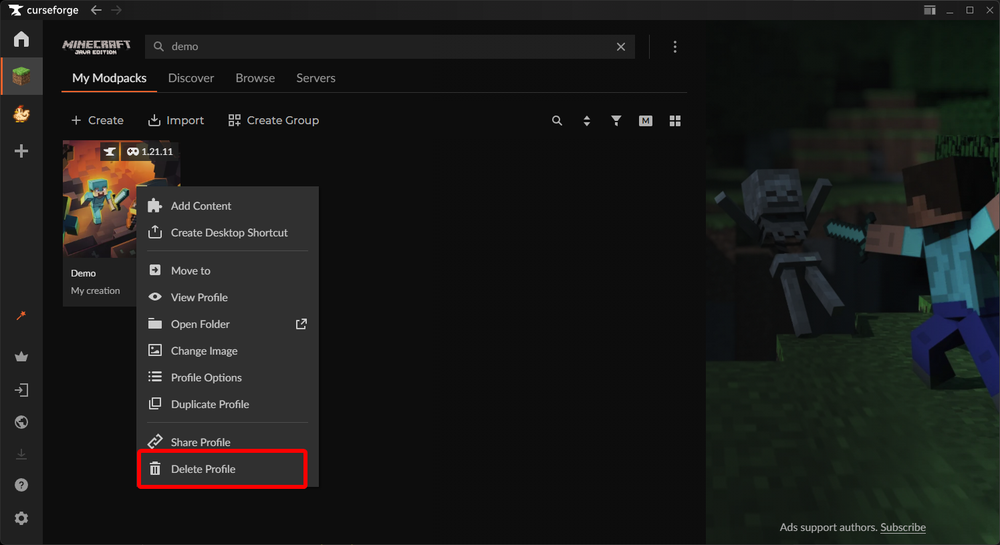 CurseForge modpack profile context menu showing the Delete Profile option used to remove a modpack.