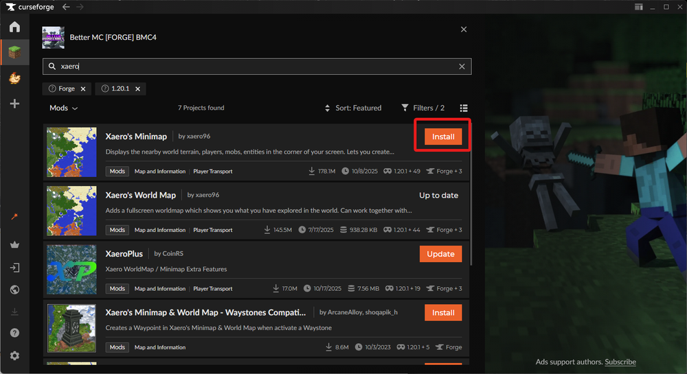 CurseForge Add Content page showing mod search results with Install buttons for adding mods to a modpack.
