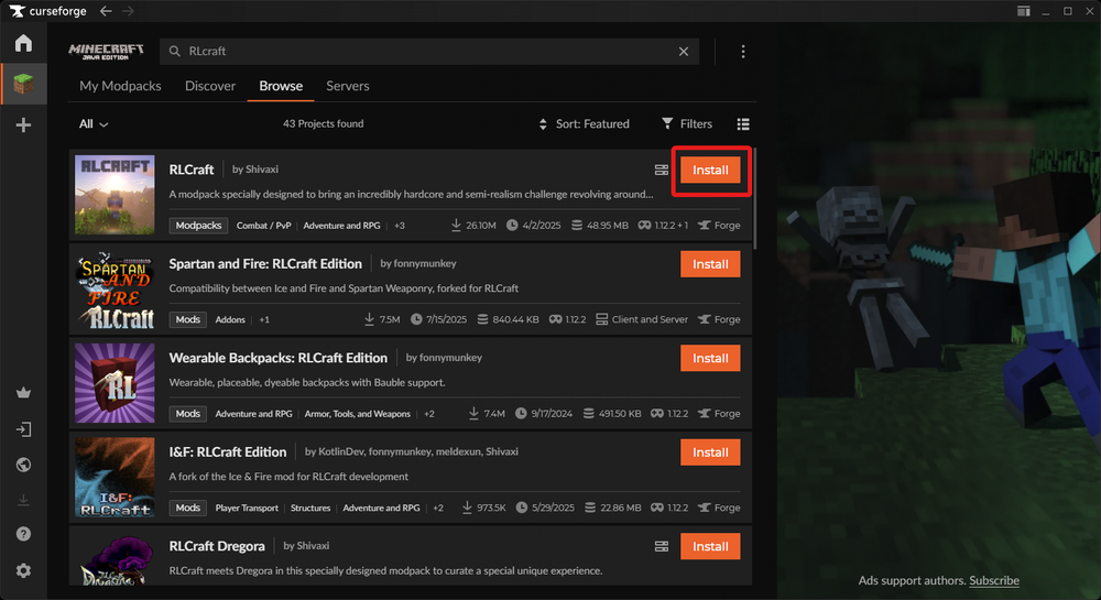 CurseForge interface showing search results for 