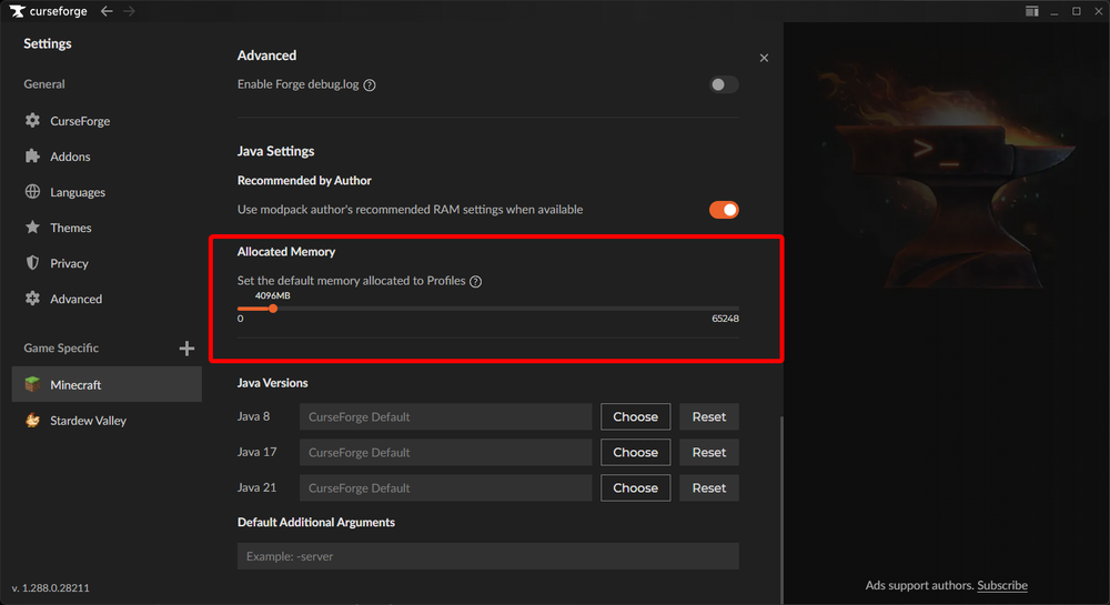 CurseForge Minecraft settings page displaying the Allocated Memory slider used to adjust RAM for modpacks.