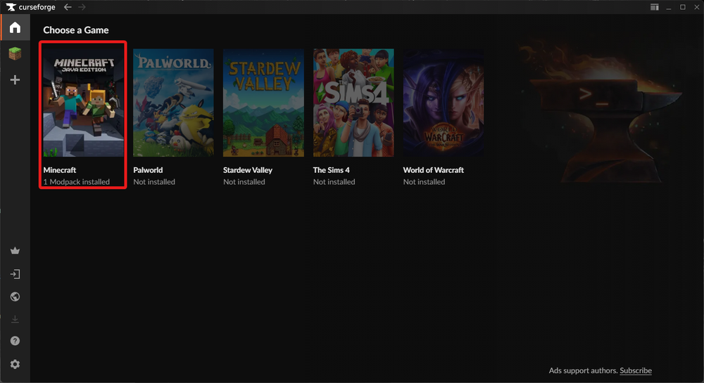 Game selection screen showing Minecraft, Palworld, Stardew Valley, The Sims 4, and World of Warcraft. Minecraft is marked as installed.