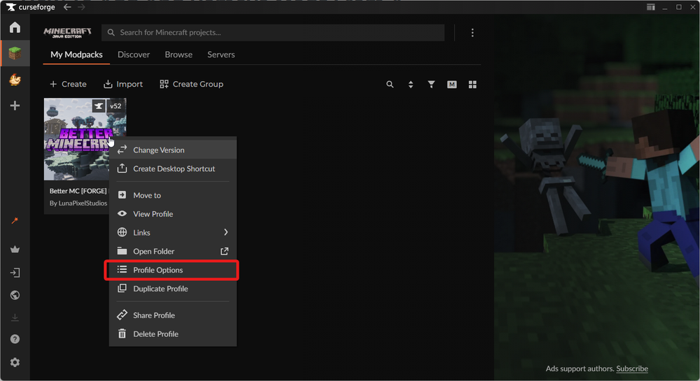 CurseForge launcher modpack context menu with Profile Options highlighted.