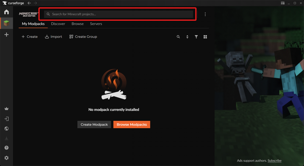 CurseForge app interface showing no modpack installed, with 