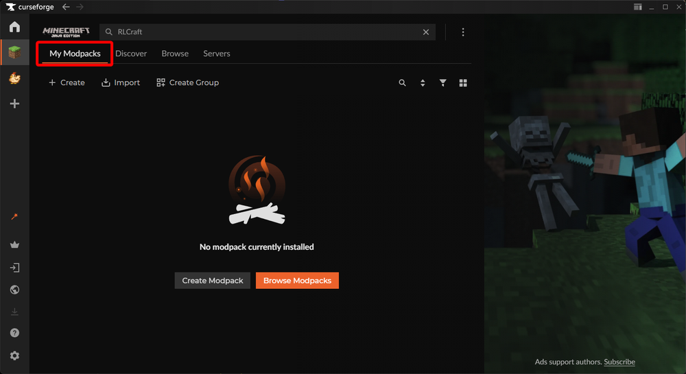 CurseForge My Modpacks page showing an installed Minecraft modpack ready to launch.