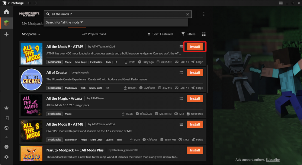 CurseForge interface showing a list of Minecraft modpacks with