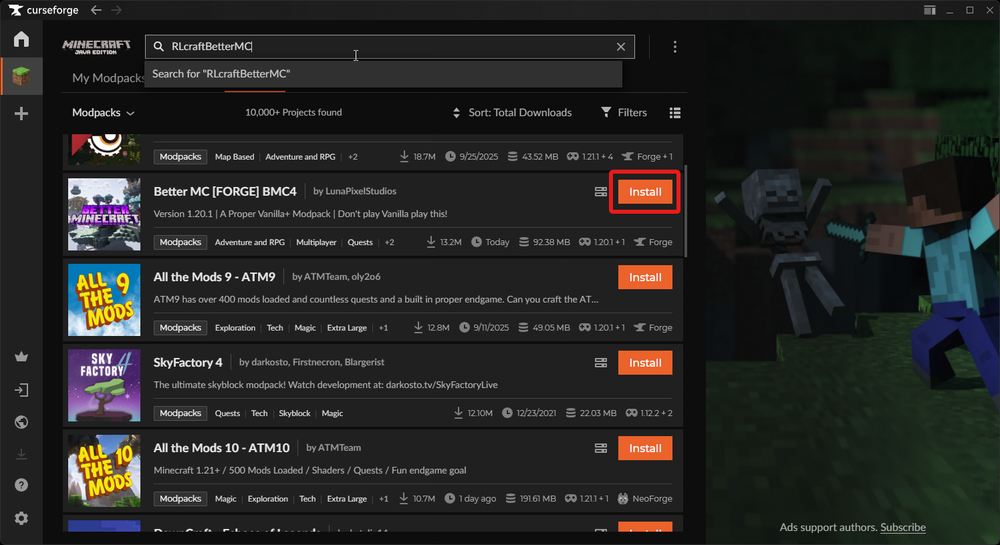 CurseForge interface showing Minecraft modpacks list with 