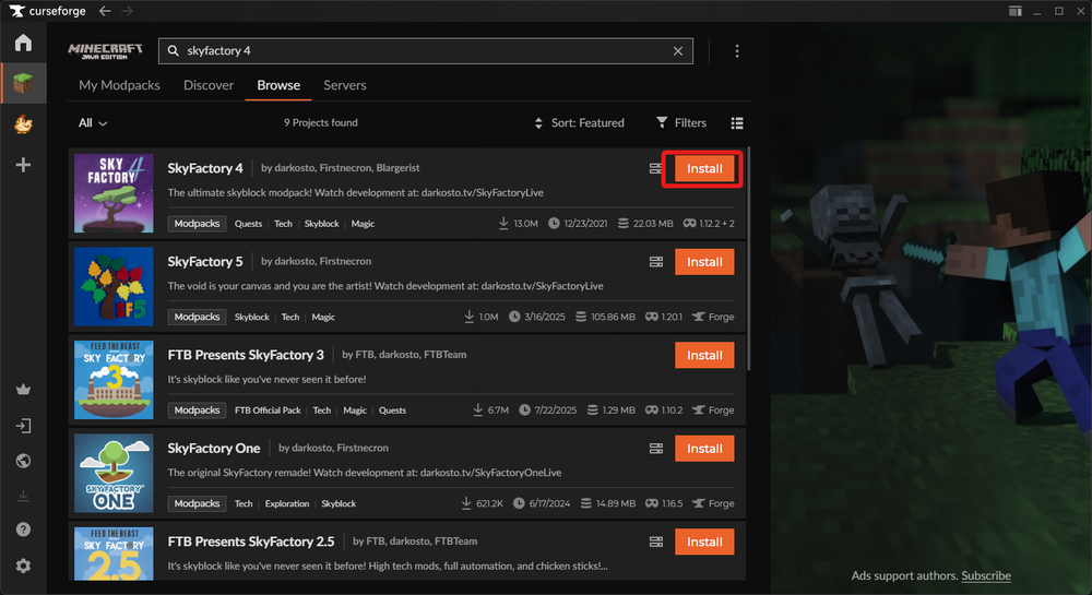 A computer screen showing the CurseForge app with SkyFactory modpacks listed. The