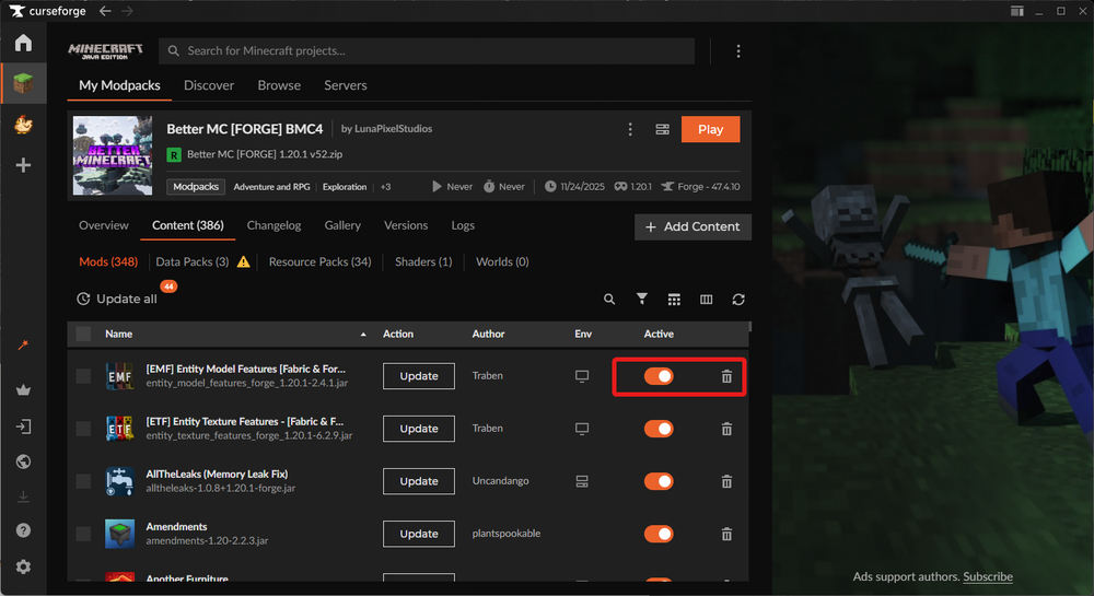 CurseForge modpack Content tab showing mod toggle switch and delete icon used to disable or remove a mod.