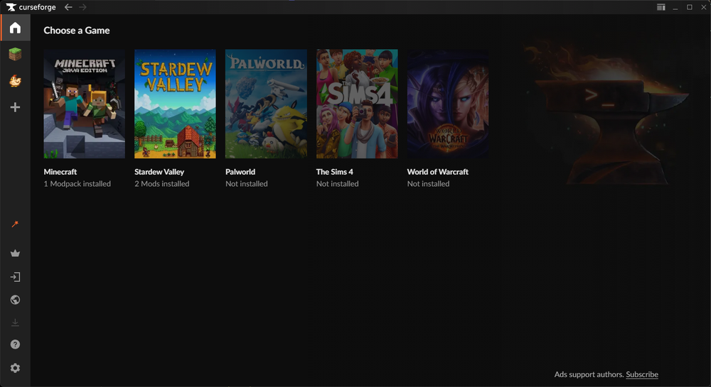 CurseForge launcher Choose a Game screen showing Minecraft Java Edition and other supported games available to select.