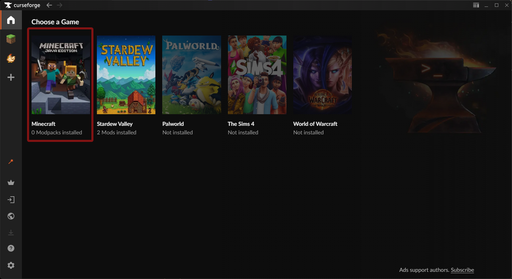 CurseForge interface with Minecraft selected displaying the My Modpacks, Discover, Browse, and Servers tabs.