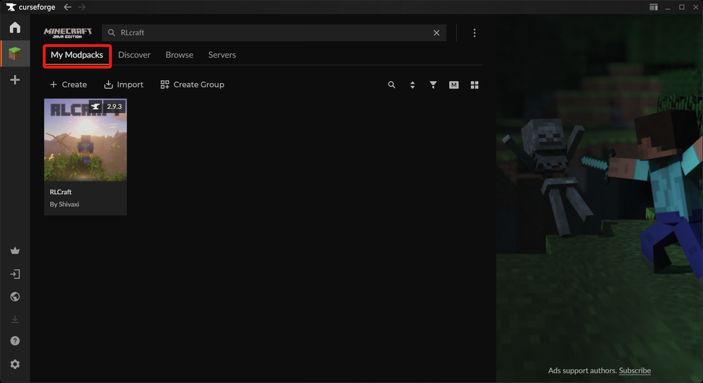 Minecraft modpack interface on CurseForge, displaying 