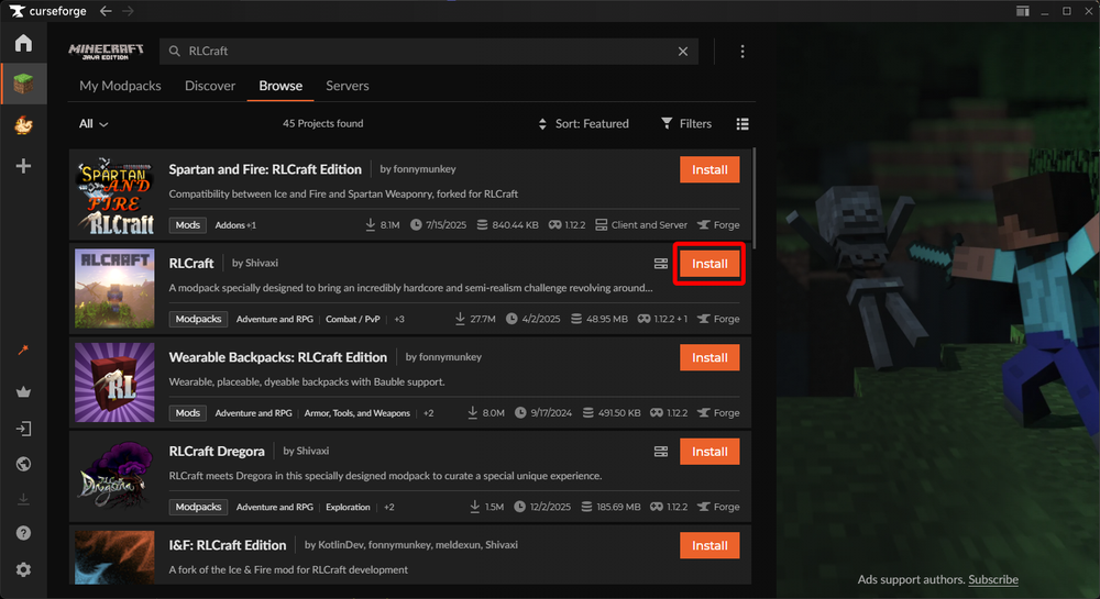 CurseForge modpack search results highlighting the Install button for the RLCraft modpack.