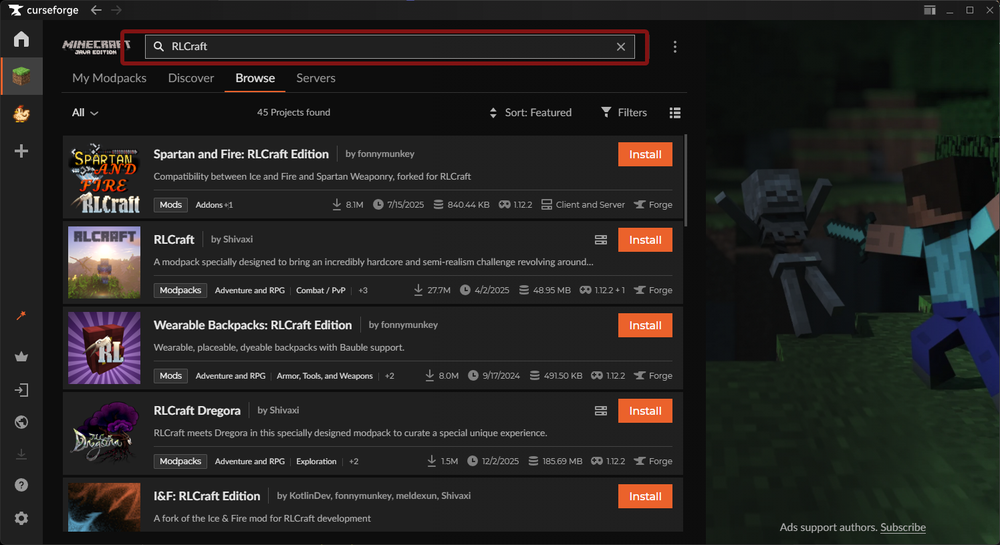CurseForge Browse tab showing the search bar with RLCraft entered and modpack search results displayed.