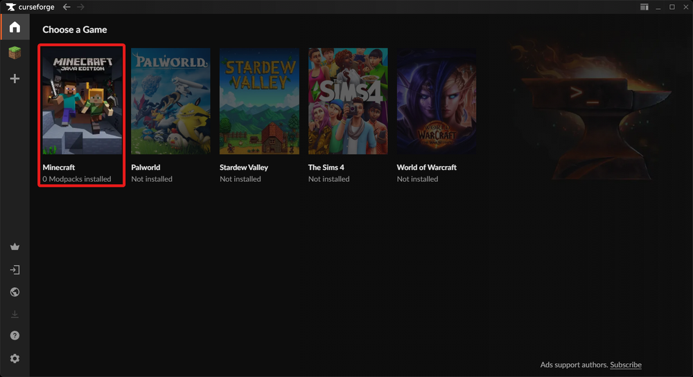 Game selection screen showing Minecraft, Palworld, Stardew Valley, The Sims 4, and World of Warcraft. Minecraft is highlighted.