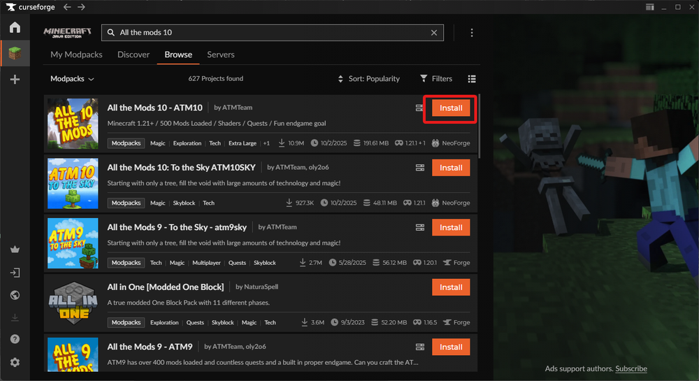 CurseForge app displaying a list of Minecraft modpacks.