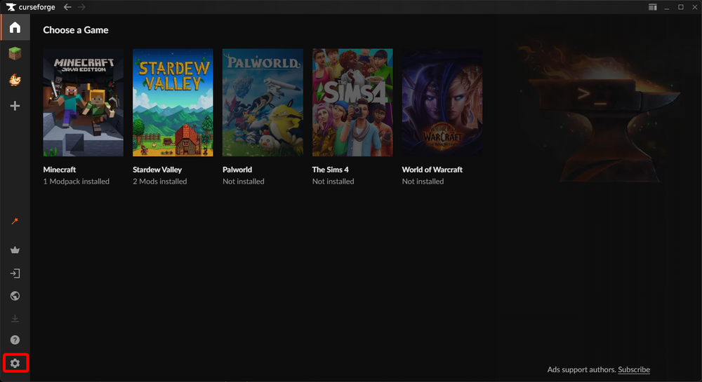 CurseForge launcher home screen highlighting the Settings icon in the lower left corner.