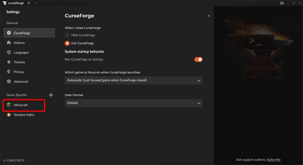 CurseForge settings panel showing the Game Specific section with Minecraft selected.