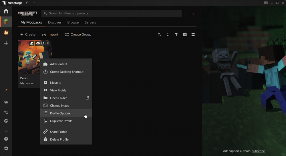 CurseForge My Modpacks page showing right click menu with Profile Options selected for a Minecraft modpack.