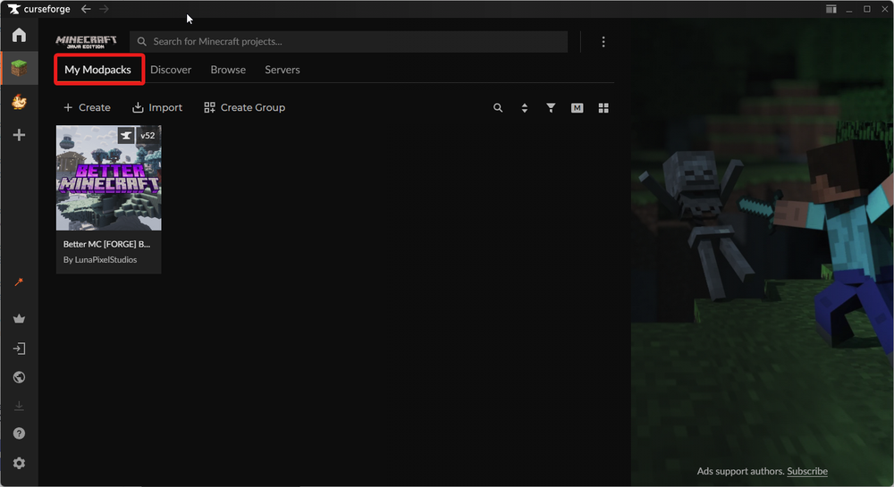 CurseForge launcher showing the My Modpacks tab selected for Minecraft Java Edition.