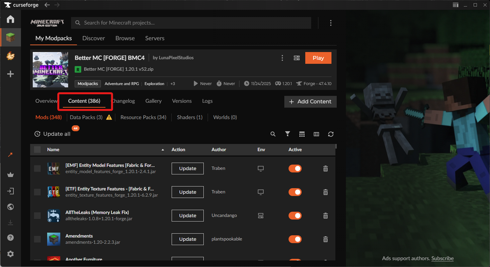 CurseForge modpack page with the Content tab open displaying installed mods.