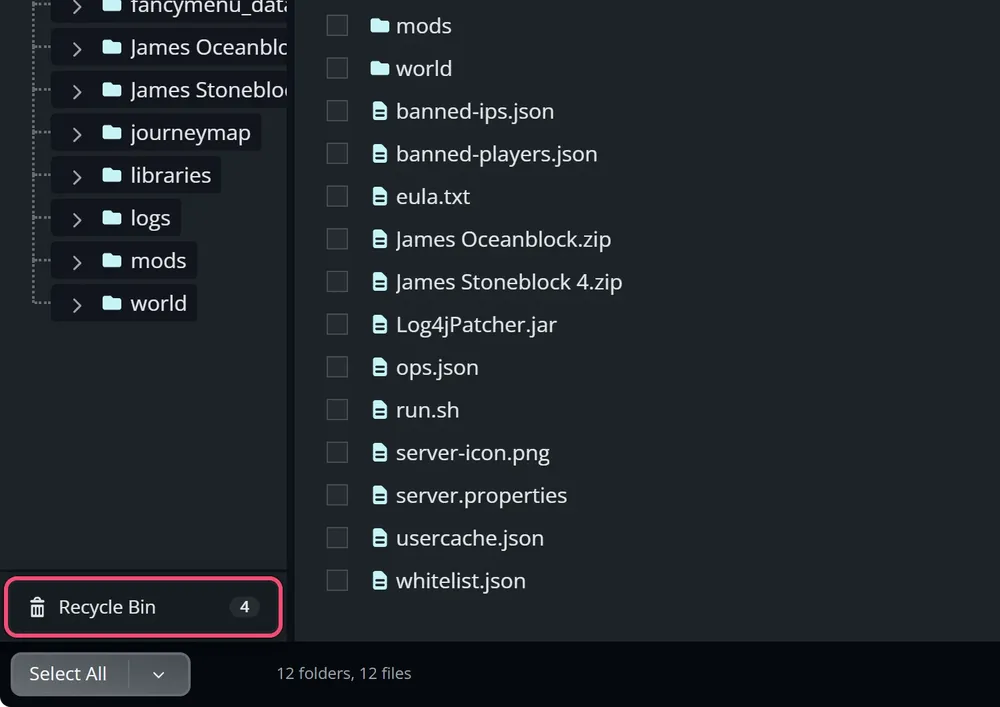 The bottom of the File Manager's folder panel, with the Recycle Bin button outlined in red and a badge showing 4 items.