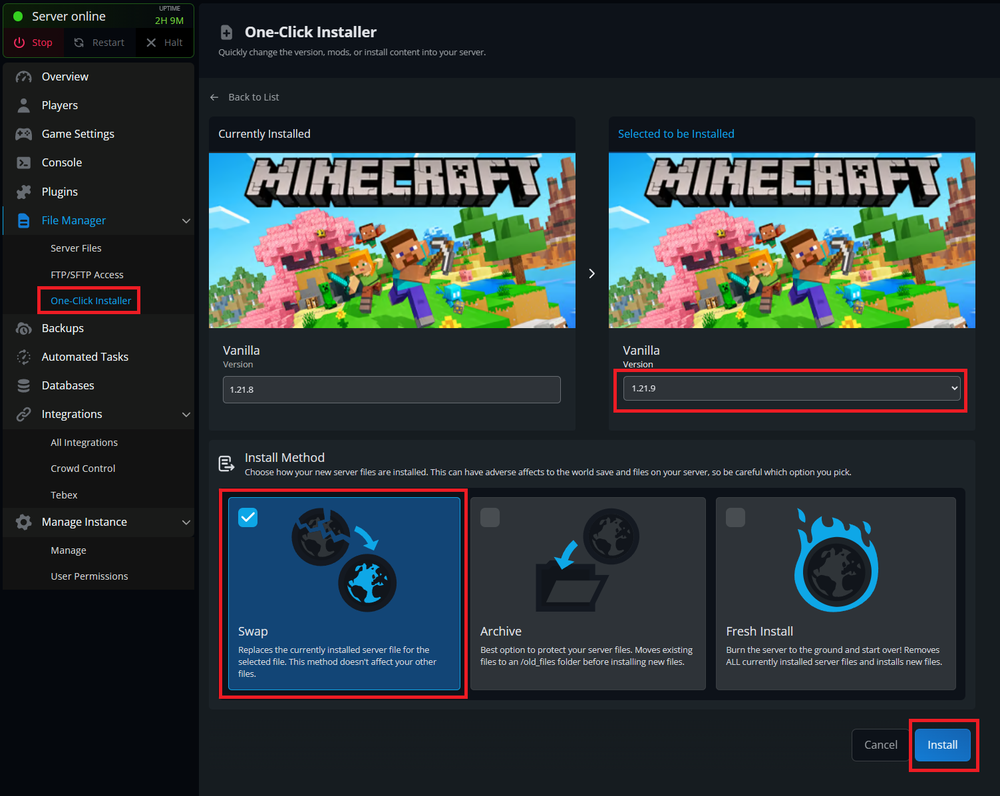 Minecraft 1.21.9 update on One-Click Installer