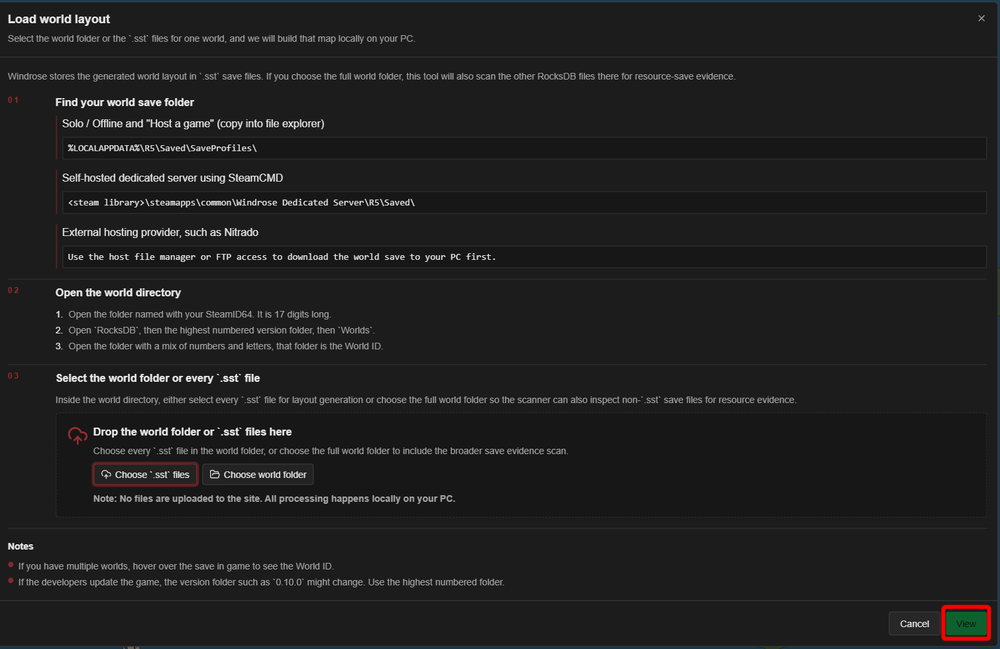Load world layout window in the Windrose Interactive Map tool with the View button highlighted after selecting a world folder.