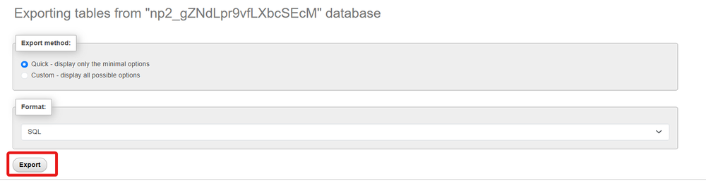 Screenshot of a database export interface showing options for export method (Quick or Custom) and format (SQL). The