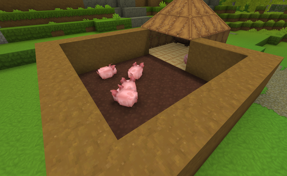 A pen of pigs in mud in the game Hytale.