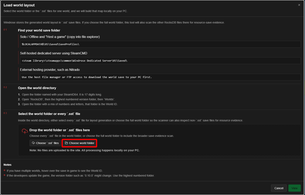 Load world layout window in the Windrose Interactive Map tool with the Choose world folder button highlighted.