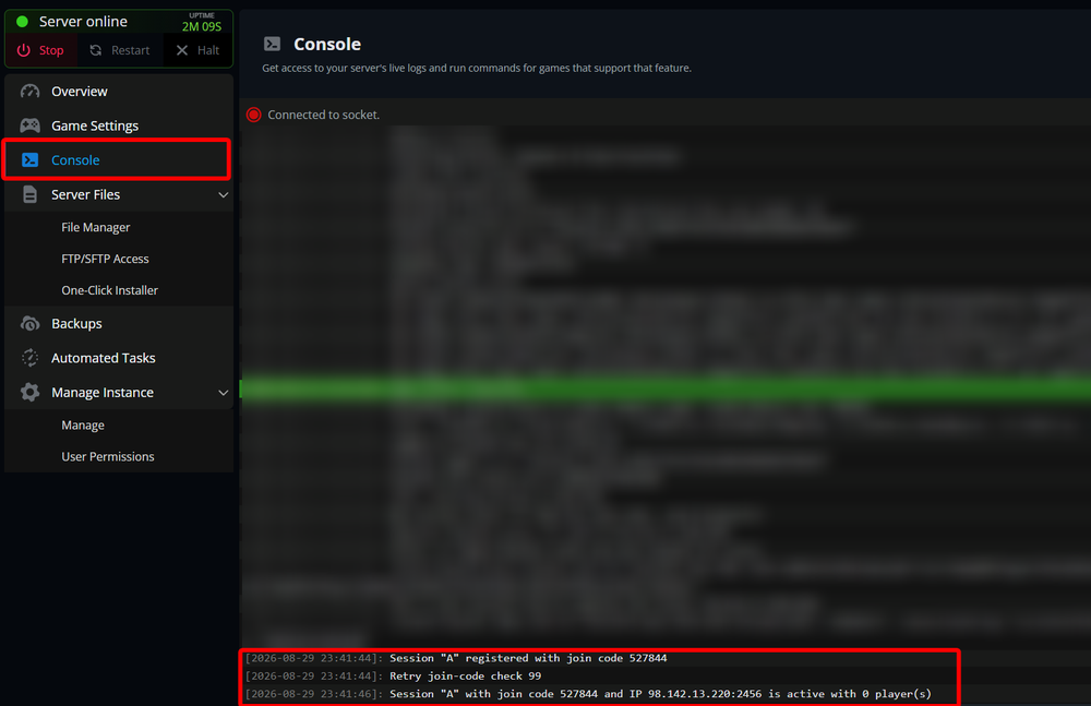 The Valheim server console in the Nodecraft panel, with the generated server join code highlighted in the console output.