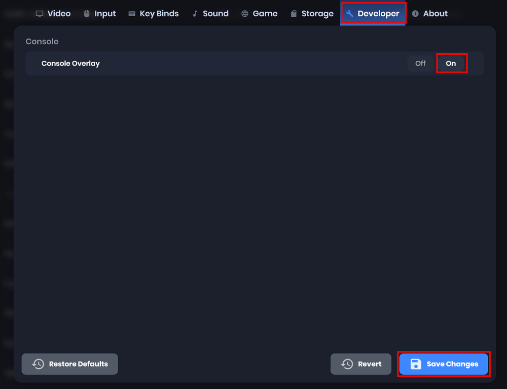 menu showing the developer settings in s&box with the console overlay setting toggled to on and highlighting the save changes button.