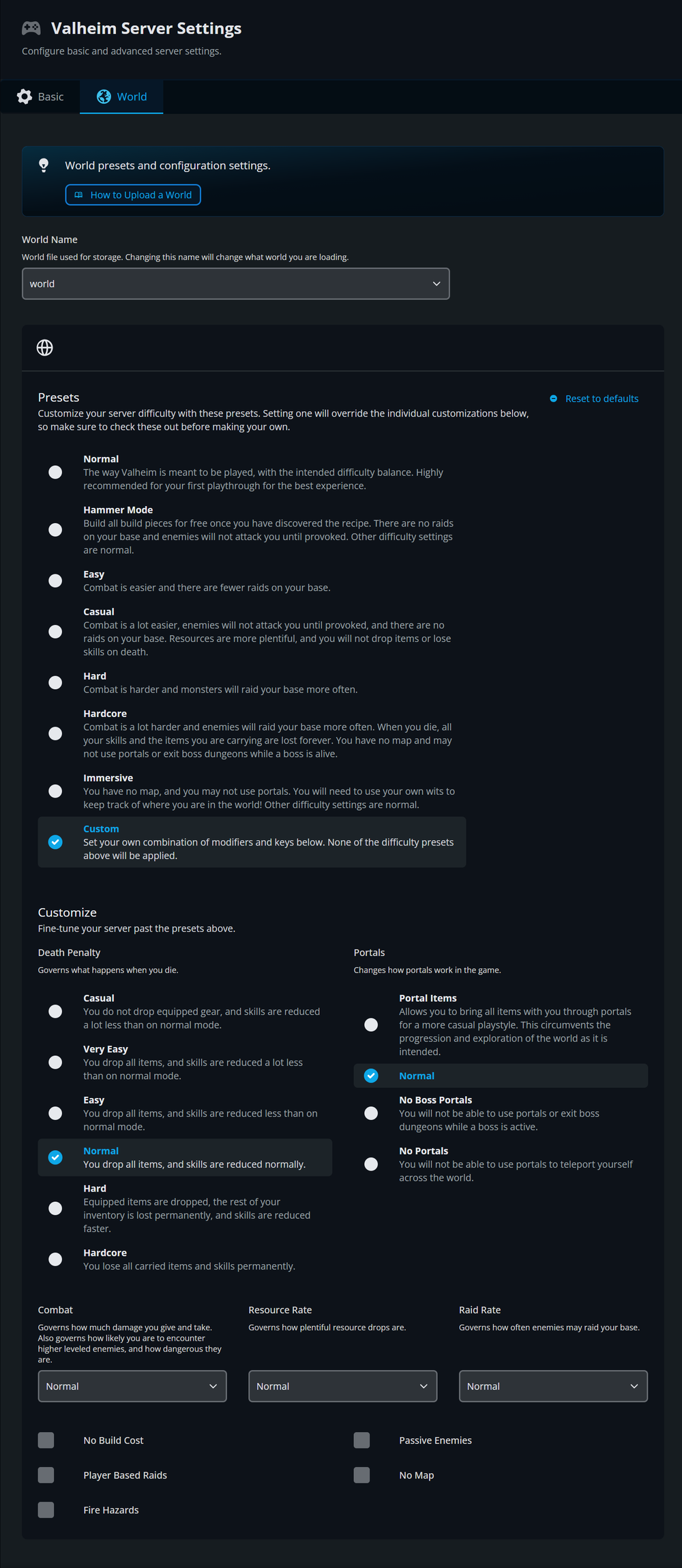 A screenshot of the Nodecraft control panel displaying Valheim Server Settings, showing options for world presets, difficulty configurations, custom multipliers, portal item restrictions, and map visibility toggles.