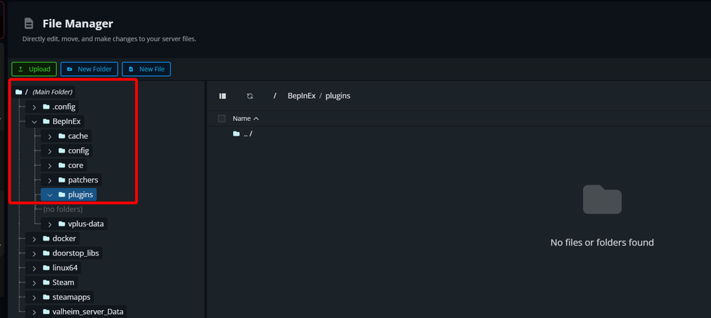 The Nodecraft File Manager showing the BepInEx/plugins folder selected in the left file tree, with the plugins directory open in the main file area.