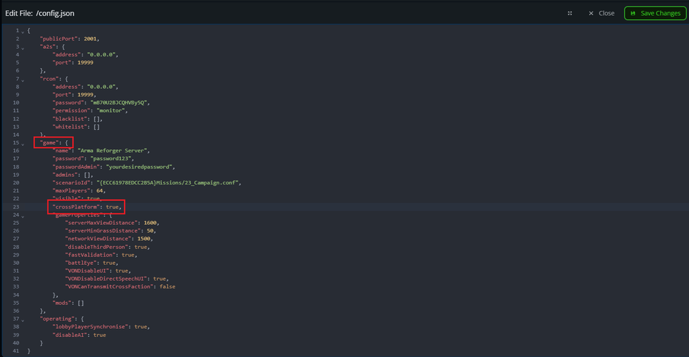 The crossPlatform setting highlighted in the config.json file for Arma Reforger