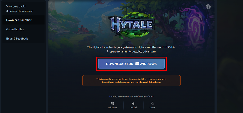 Hytale Launcher screen with a left menu, a large blue “DOWNLOAD FOR WINDOWS” button, fantasy background, and bottom OS options (Windows, macOS, Linux).