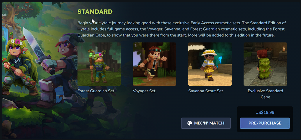 Hytale Standard edition promo showing characters, four cosmetic sets (Forest Guardian, Voyager, Savanna Scout, Exclusive Cape) and US$19.99 price.