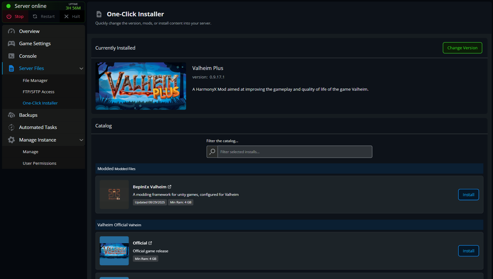 Dark server dashboard with One-Click Installer; shows Valheim Plus installed, catalog search, and mod cards with Install buttons.