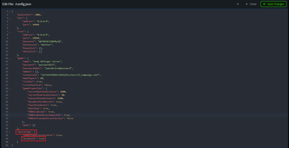 The disableAI setting highlighted in the config.json file for an Arma Reforger server