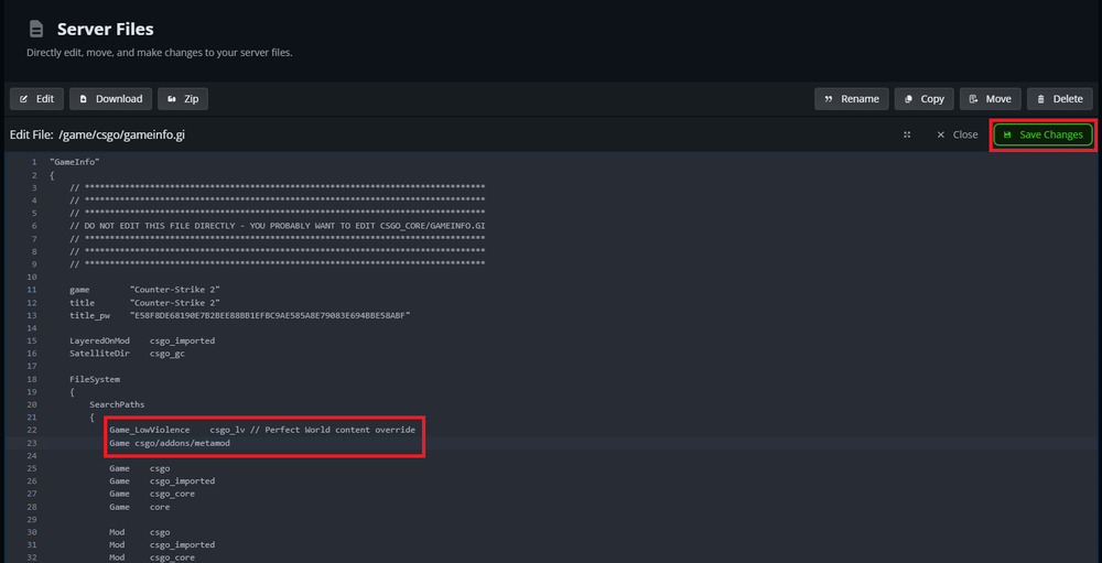 Editing the gameinfo.gi file to allow for Metamod and CounterStrikeSharp to work on a Counter Strike 2 server