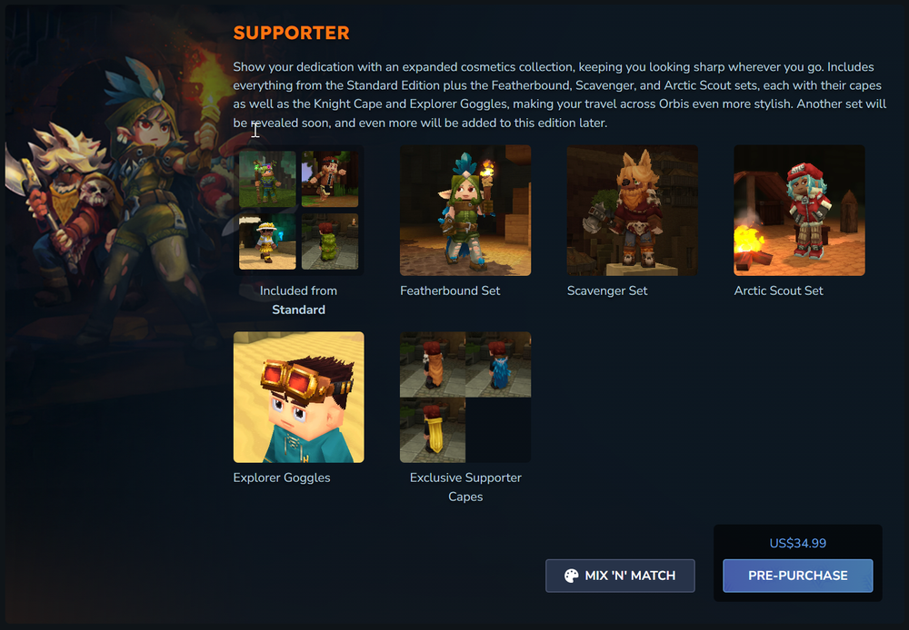 Supporter cosmetics storefront showing thumbnails of Featherbound, Scavenger, Arctic Scout sets, explorer goggles, capes, and pre-purchase button.